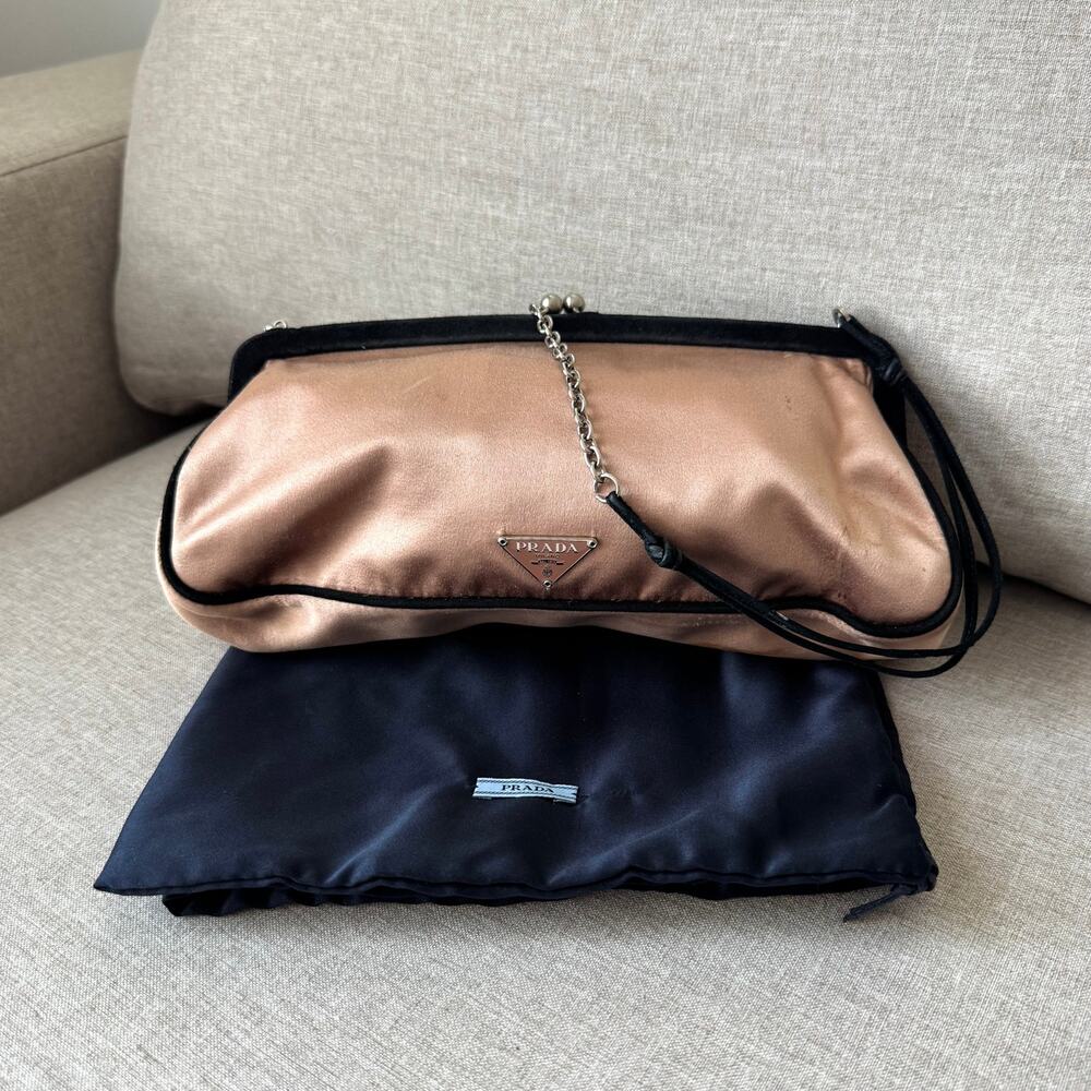 Prada Satin Shoulder Bag Clutch Pink Peach Black Floral Charm Kiss Lock FLAW